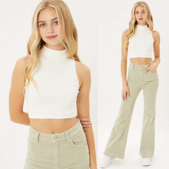 NEW Ivory Seamless Mock Neck Halter Crop Top Basic - Picture 2 of 9